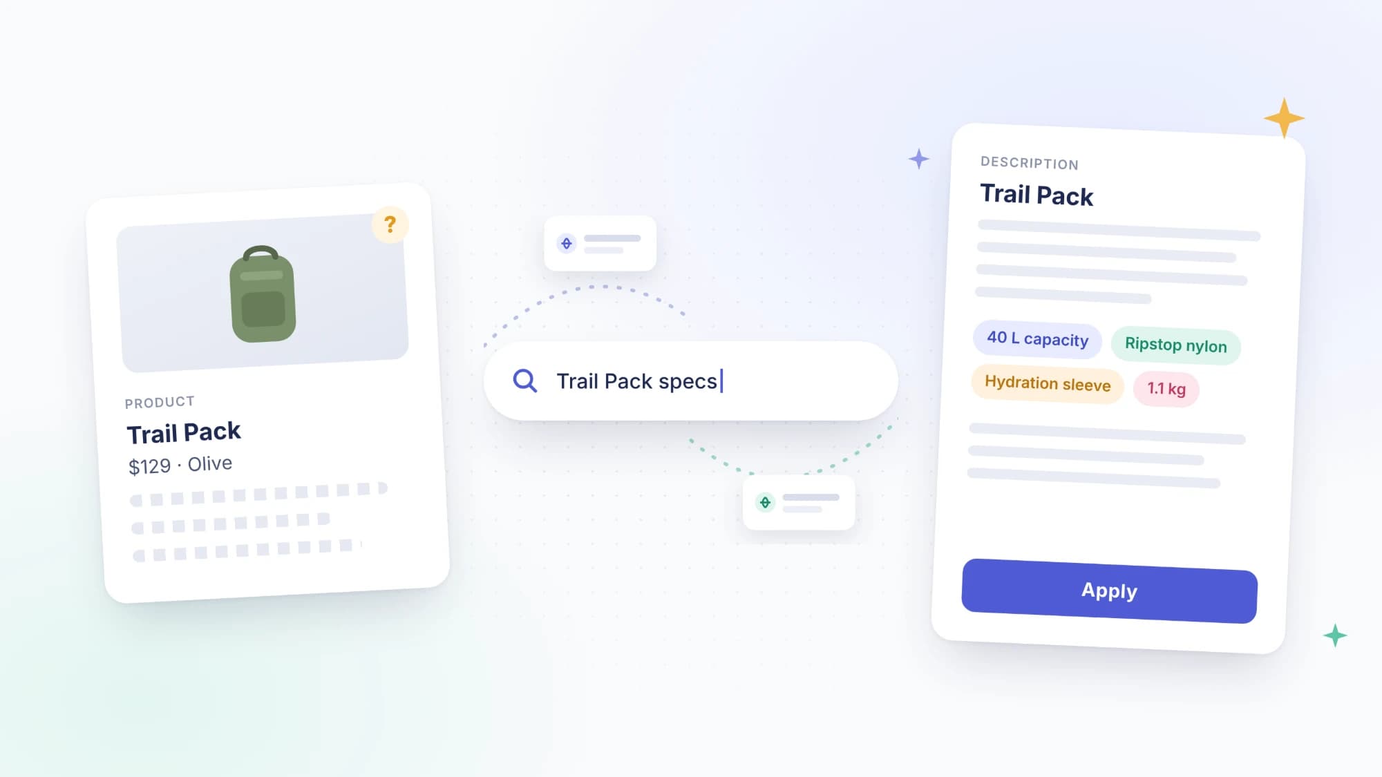 A Trail Pack product card with only a name, price and colour, a web search for "Trail Pack specs", and a finished description listing 40 L capacity, ripstop nylon, a hydration sleeve and 1.1 kg, ready to apply