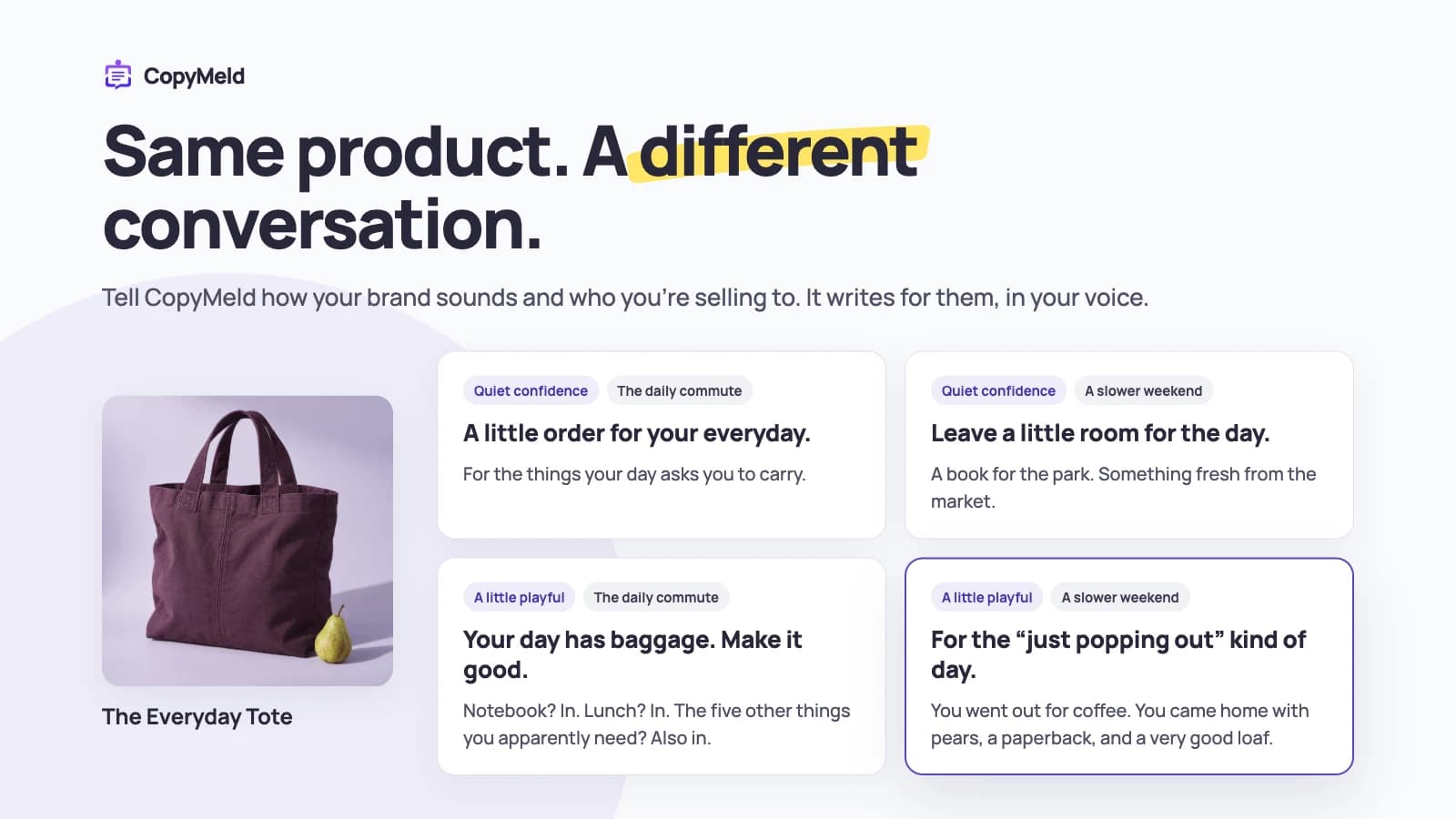 Same product, a different conversation. Four CopyMeld descriptions of the same tote, one for each pairing of brand voice and customer.
